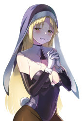 Rule 34 | 1girl, arm warmers, bare shoulders, black leotard, blonde hair, breasts, brown pantyhose, cleavage, covered navel, detached collar, fake tail, gloves, grin, large breasts, leotard, long hair, looking at viewer, nijisanji, nun, own hands clasped, own hands together, pantyhose, parted bangs, rabbit tail, simple background, sister claire, sister claire (1st costume), smile, solo, strapless, strapless leotard, tail, veil, virtual youtuber, white background, white gloves, yellow eyes, zaxwu