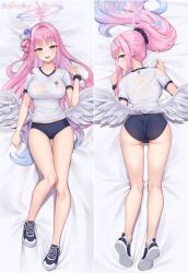 Rule 34 | 1girl, angel wings, ass, bed sheet, black scrunchie, blue archive, blush, bow, breasts, buruma, dakimakura (medium), feathered wings, frilled ribbon, frills, from above, full body, gym uniform, hair bun, halo, highres, large breasts, long hair, low wings, lying, matrix16, mika (blue archive), multiple views, on back, pink hair, ribbon, scrunchie, see-through, single side bun, smile, very long hair, white wings, wings, yellow eyes