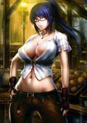 Rule 34 | 1girl, arai29, breasts, cleavage, fingerless gloves, glasses, gloves, hand on own hip, highres, jewelry, large breasts, long hair, looking at viewer, midriff, navel, necklace, pants, ponytail, purple hair, seed of the dead, solo, yellow eyes