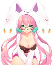 Rule 34 | 1girl, :3, puff of air, animal hood, bad id, bad pixiv id, blush, breasts, rabbit hood, byulzzi, carrot, cleavage, curvy, fang, glasses, green eyes, hair bobbles, hair ornament, highres, hood, jacket, large breasts, long hair, long sleeves, looking at viewer, midriff, original, pink hair, smile, solo, wide hips, | |
