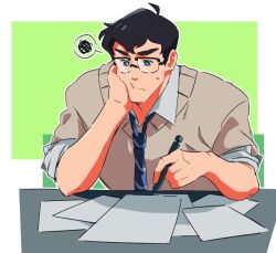 Rule 34 | 1boy, 38sr, :t, black hair, blue eyes, clark kent, collared shirt, dc comics, green background, head rest, male focus, my adventures with superman, necktie, paper, pen, shirt, sitting, sleeves rolled up, spoken squiggle, squiggle, superman (series), sweater, upper body