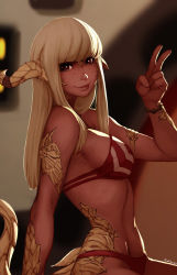 Rule 34 | 1girl, bare shoulders, bikini, blonde hair, breasts, brown eyes, commentary, dark-skinned female, dark skin, final fantasy, final fantasy xiv, freckles, highres, horns, lips, long hair, looking at viewer, looking to the side, medium breasts, navel, pointy ears, raichiyo33, sideboob, signature, smile, solo, striped bikini, striped clothes, swimsuit, thighs, v