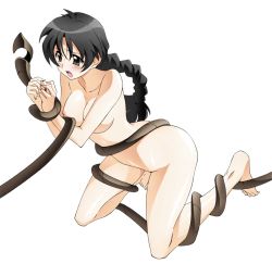 Rule 34 | 1girl, barefoot, black hair, blush, braid, breasts, brown eyes, jinki, kousaka minami, large breasts, long hair, nipples, nude, official art, open mouth, restrained, simple background, solo, tears, tentacles, tsunashima shirou, white background