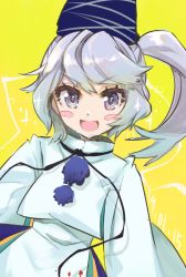 Rule 34 | 1girl, :d, black ribbon, blue hat, blue skirt, blush stickers, commentary request, dated, grey eyes, hat, highres, long hair, long sleeves, looking at viewer, mononobe no futo, neck ribbon, open mouth, pom pom (clothes), ponytail, ribbon, silver hair, simple background, skirt, smile, solo, sparkle, syuri22, tate eboshi, touhou, upper body, v-shaped eyebrows, wide sleeves, yellow background