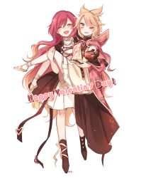 Rule 34 | 2girls, blonde hair, candy, cape, carrying, chocolate, chocolate heart, dress, closed eyes, food, full body, gradient hair, heart, highres, hijiri byakuren, long hair, looking at viewer, multicolored hair, multiple girls, one eye closed, open mouth, plaid, plaid cape, princess carry, purple hair, simple background, smile, tis (shan0x0shan), touhou, toyosatomimi no miko, valentine, very long hair, white background, white dress