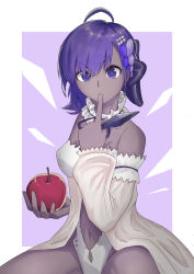Rule 34 | 1girl, ahoge, apple, bare shoulders, beige dress, border, breasts, clothing cutout, dark skin, detached collar, detached sleeves, fate/grand order, fate (series), finger to mouth, flower, food, fruit, hair flower, hair ornament, hassan of serenity (fate), hassan of serenity (lostroom outfit) (fate), highres, holding, holding knife, knife, looking at viewer, medium breasts, natu zame, navel, navel cutout, purple eyes, purple hair, short hair, sitting, solo, throwing knife, weapon, white border