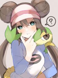 Rule 34 | 1girl, :t, ?, black pantyhose, blush, bright pupils, brown hair, commentary request, creatures (company), double bun, game freak, gen 5 pokemon, green eyes, hair bun, hand on own chin, hand up, long hair, looking at viewer, nintendo, pantyhose, pokemon, pokemon (creature), pokemon bw2, pokemon on back, raglan sleeves, rosa (pokemon), shirt, shorts, snivy, spoken question mark, stroking own chin, twintails, ume (ume 445), visor cap, yellow shorts