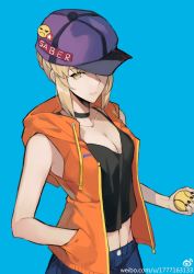Rule 34 | 1girl, absurdres, artoria pendragon (all), artoria pendragon (fate), bare shoulders, baseball, baseball cap, blonde hair, blue background, breasts, choker, cleavage, closed mouth, crop top, fate/grand order, fate (series), hand in pocket, hat, highres, hood, hooded jacket, hoodie, jacket, kzhu, looking at viewer, looking away, medium breasts, midriff, nail polish, open clothes, open hoodie, open jacket, saber (fate), saber alter, short hair, simple background, sleeveless, sleeveless jacket, solo, standing, tank top, watermark, web address, yellow eyes