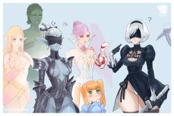 Rule 34 | 6+girls, ?, blue background, breasts, character request, cleavage, commentary, dark elf (lineage 2), earrings, jewelry, katana, leotard, lineage, medium breasts, multiple girls, nier (series), nier:automata, pointing, pointing at self, pointy ears, prywinko, simple background, skindentation, squiggle, sword, thick thighs, thighs, weapon, white leotard, 2b (nier:automata)