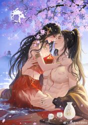 Rule 34 | 1boy, 1girl, absurdres, alcohol, black hair, cup, doupo cangqiong, from side, glint, hair ornament, highres, jewelry, long hair, lu c, necklace, off-shoulder jacket, off shoulder, outdoors, pointy ears, red shirt, red skirt, sake, shirt, skirt, spill, torn clothes, upper body, water, wet, xiao yan (doupo cangqiong)