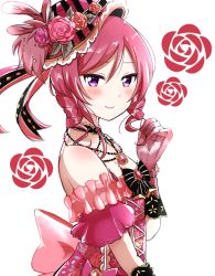 Rule 34 | 1girl, bare shoulders, blush, bracelet, dress, drill hair, flower, gem, gloves, hat, hat feather, hat flower, jewelry, lips, looking at viewer, love live!, love live! school idol festival, love live! school idol project, neck ribbon, necklace, nishikino maki, pitapi, purple eyes, red dress, red gloves, red hair, ribbon, short hair, smile, solo, upper body, white background