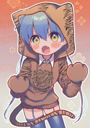 Rule 34 | 1girl, animal ear hood, animal hands, animal print, blue hair, blue thighhighs, brown hoodie, collared shirt, commentary request, cone hair bun, cowboy shot, death merumeru, drawstring, fake animal ears, fake tail, fangs, floral background, garter straps, gloves, gradient background, grey background, hair bun, highres, hood, hood up, hoodie, leaning forward, long hair, looking at viewer, meandros, open mouth, outline, paw gloves, red background, shinigami dot com, shirt, solo, tail, thighhighs, tiger print, tiger tail, twintails, white outline, yasashii naizou, yellow eyes