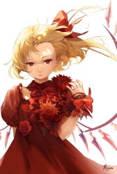 Rule 34 | 1girl, alternate costume, bad id, bad pixiv id, blonde hair, bow, breasts, collarbone, crystal, dress, expressionless, flandre scarlet, floating hair, flower, flower request, hair bow, highres, karaori, looking at viewer, one side up, parted lips, puffy short sleeves, puffy sleeves, red bow, red dress, red eyes, red flower, red rose, rose, short hair, short sleeves, signature, simple background, small breasts, solo, touhou, upper body, white background, wind, wings, wrist cuffs