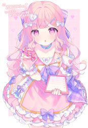 Rule 34 | 1girl, :o, blue bow, blush, bow, choker, clipboard, collarbone, commission, dress, frilled dress, frills, from above, hair bow, hair ornament, hairclip, heart, heart hair ornament, highres, holding, holding clipboard, holding syringe, indie virtual youtuber, komomo (2899), long hair, looking at viewer, nail polish, pen, pink background, pink dress, pink eyes, pink hair, puffy short sleeves, puffy sleeves, purple bow, sailor collar, short sleeves, signature, skeb commission, solo, syringe, wrist cuffs, x hair ornament