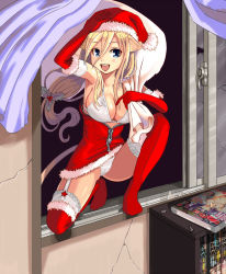 Rule 34 | 1girl, animal ears, armpits, blonde hair, blue eyes, blush, bra, breasts, cat ears, cat girl, christmas, christmas ornaments, cleavage, collarbone, commentary request, crotch seam, elbow gloves, fur-trimmed shawl, fur trim, garter straps, gloves, hat, highres, holding, long hair, looking at viewer, low-tied long hair, medium breasts, open clothes, open mouth, original, p-rink, panties, red footwear, red gloves, sack, santa costume, santa hat, shawl, solo, squatting, thighhighs, underwear, unzipped, white bra, white panties, white thighhighs, window, zipper, zipper pull tab