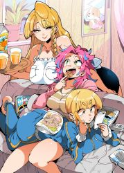 Rule 34 | 3girls, apron, ass, barefoot, blonde hair, blue hair, borrowed character, braid, breasts, cable, cecilia caroline o&#039;byrne, cellphone, commentary, commission, cookie, couch, earclip, english commentary, family, food, green eyes, juice, kafun, large breasts, lying, lying on person, mature female, multicolored hair, multiple girls, nessa lucille wheeler, on couch, on stomach, orange juice, original, phone, pink hair, raleigh layne wheeler, raleigh layne wheeler (mac), siblings, side braid, sisters, sitting, smartphone, streaked hair, track suit, tray, two-tone hair