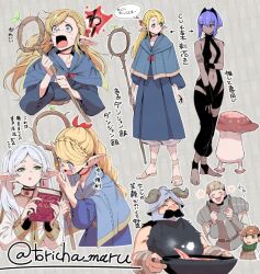 Rule 34 | 3boys, 3girls, alternate eye color, beard, blonde hair, blue eyes, brown hair, chilchuck tims, closed mouth, cooking, crossover, dark-skinned female, dark skin, dungeon meshi, elf, facial hair, fate/grand order, fate (series), frieren, grey hair, hassan of serenity (fate), holding, holding staff, laios touden, long hair, mage staff, multiple boys, multiple girls, mushroom, mustache, open mouth, pointy ears, purple hair, senshi (dungeon meshi), short hair, smile, sousou no frieren, staff, torichamaru, twintails, twitter username, walking mushroom (dungeon meshi)