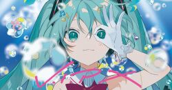 Rule 34 | 1girl, album name, beamed sixteenth notes, blue background, blue eyes, blue hair, blush, bow, bubble, eighth note, food, fortissimo, gloves, hair ornament, hatsune miku, headset, long hair, looking at viewer, musical note, musical note hair ornament, ok sign, ok sign over eye, omelet, omurice, omutatsu, red bow, smile, solo, twintails, upper body, vocaloid, white gloves