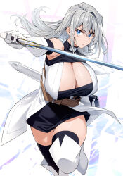 Rule 34 | 1girl, belt, black thighhighs, blue eyes, boots, breasts, brown belt, cleavage, cleavage cutout, clothing cutout, dress, elbow gloves, gloves, grey hair, highres, holding, holding sword, holding weapon, huge breasts, long hair, looking at viewer, parted lips, s-rank boukensha de aru ore no musume tachi wa juudo no fathercon deshita, scabbard, sheath, shunichi, sidelocks, sleeveless, solo, sword, thigh boots, thighhighs, unsheathed, upper body, v-shaped eyebrows, weapon, white dress, white gloves