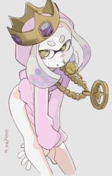 Rule 34 | 1girl, 2020, artist name, bent over, between legs, bottomless, cephalopod eyes, closed mouth, cross-shaped pupils, crown, feet out of frame, female focus, grey background, highres, hood, hood up, hoodie, jewelry, long sleeves, looking at viewer, mole, mole under eye, mouth hold, necklace, nintendo, pearl (splatoon), pink sweater, short hair, simple background, small hips, solo, sooperman, splatoon (series), splatoon 2, squid girl, star-shaped pupils, star (symbol), sweater, symbol-shaped pupils, tentacle hair, yellow eyes