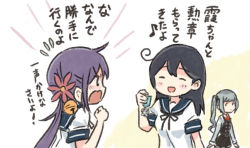 Rule 34 | 3girls, ahoge, akebono (kancolle), bell, black hair, bow, clenched hand, closed eyes, comic, dress, eighth note, flower, flying sweatdrops, grey hair, hair bell, hair flower, hair ornament, jingle bell, kantai collection, kasumi (kancolle), long sleeves, medal, multiple girls, musical note, open mouth, pinafore dress, purple hair, remodel (kantai collection), saiguchi otoufu, school uniform, serafuku, short sleeves, side ponytail, sidelocks, sleeveless dress, smile, spoken musical note, translated, ushio (kancolle)