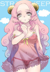 Rule 34 | 1girl, blue eyes, breasts, cleavage, cloud, curly hair, english text, horns, large breasts, lingerie, long hair, navel, negligee, niconicopun, off shoulder, open mouth, original, panties, pink hair, red panties, ribbon, solo, tears, thigh gap, thighs, underwear