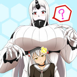 Rule 34 | 10s, 2girls, ?, abyssal ship, amatsukaze (kancolle), anger vein, angry, bad id, bad pixiv id, black neckwear, breast envy, breast rest, breasts, breasts on head, brown dress, choker, claws, closed mouth, colored skin, detached sleeves, dress, gigantic breasts, hair ornament, hair tubes, height difference, highres, horns, kantai collection, lactone, lifebuoy, long hair, long sleeves, multiple girls, pale skin, red eyes, ribbed dress, ribbed sweater, sailor collar, sailor dress, seaport princess, single horn, spoken question mark, standing, striped, sweater, sweater dress, swim ring, very long hair, white dress, white hair, white skin, yellow eyes