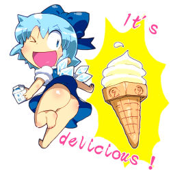 Rule 34 | 1girl, ass, barefoot, blue eyes, blue hair, bottomless, bow, cirno, dress, food, gomi ichigo, hair bow, ice cream, ice cream cone, matching hair/eyes, milk, no panties, one eye closed, open mouth, short hair, smile, solo, touhou, wings, wink