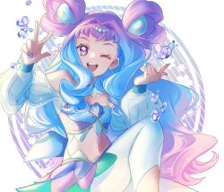 Rule 34 | 1girl, ;d, absurdres, blue eyes, blue hair, blue nails, breasts, choker, cleavage, clothing cutout, cure la mer, earrings, floating hair, gradient hair, highres, jewelry, laura la mer, leg up, long hair, long sleeves, looking at viewer, magical girl, midriff, multicolored eyes, multicolored hair, nail polish, navel, one eye closed, open mouth, pants, pink eyes, pink hair, precure, shipu (gassyumaron), shoulder cutout, small breasts, smile, solo, stomach, tropical-rouge! precure, very long hair, w, white choker, white pants, white sleeves