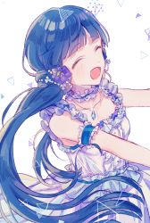 Rule 34 | 1girl, :d, ^ ^, arm garter, bare shoulders, black hair, blunt bangs, blush, breasts, closed eyes, collarbone, commentary request, dress, facing viewer, flower, frills, hair flower, hair ornament, highres, idolmaster, idolmaster million live!, idolmaster million live! theater days, jewelry, kitakami reika, long hair, low twintails, open mouth, pendant, poyo (shwjdddms249), purple flower, sleeveless, sleeveless dress, small breasts, smile, solo, twintails, very long hair, white dress