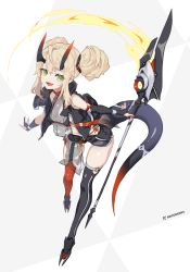 Rule 34 | 1girl, bikini, bikini top only, blonde hair, cancell, double bun, dragon horns, dragon tail, fang, green eyes, hair bun, highres, holding, holding weapon, horns, looking at viewer, open mouth, original, science fiction, shorts, skin fang, swimsuit, tail, thighhighs, weapon, white background