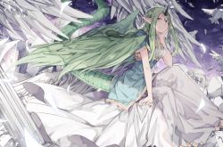 Rule 34 | 1girl, bird, closed mouth, dragon tail, dress, earrings, feathers, fire emblem, fire emblem echoes: shadows of valentia, green eyes, green hair, hair ornament, highres, horns, jewelry, long dress, long hair, mila (fire emblem), nintendo, pointy ears, single horn, smile, solo, tail, zyuno0