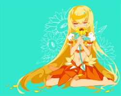 Rule 34 | 10s, 1girl, alternate hairstyle, aqua background, barefoot, blonde hair, cure sunshine, flower, full body, hair down, heartcatch precure!, highres, midriff, myoudouin itsuki, navel, no shoes, orange skirt, petals, precure, simple background, sitting, skirt, solo, sunflower, wariza, yuucho (cololal)