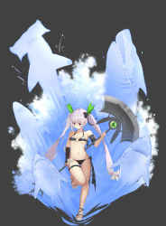 Rule 34 | 1girl, assault lily, asymmetrical sleeves, bare legs, bare shoulders, bikini, black bikini, black bow, bow, bow bikini, breasts, commentary request, detached sleeves, fish request, fuujin (windust michio), grey background, grey hair, groin, hair bow, hair ornament, halterneck, hammerhead shark, hand up, highres, holding, holding polearm, holding weapon, leaf hair ornament, leg up, long hair, looking away, micro bikini, miriam hildegard von gropius, navel, o-ring, o-ring bikini, o-ring top, parted lips, pink eyes, polearm, sandals, shark, sidelocks, sleeve bow, sleeves past wrists, small breasts, solo, standing, standing on one leg, stomach, swimsuit, thigh strap, twintails, underboob, uneven sleeves, v-shaped eyebrows, very long hair, water, water drop, weapon, weapon behind back, white bow, white footwear