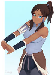 Rule 34 | 1girl, avatar legends, bare shoulders, black hair, blue eyes, breasts, brown hair, commentary, cowboy shot, darahan, dark-skinned female, dark skin, english commentary, hair tubes, korra, long hair, medium breasts, outstretched arms, ponytail, smile, solo, the legend of korra