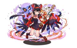 Rule 34 | 1girl, ankh, black dress, black hair, blue eyes, dress, green eyes, hairband, loafers, looking at viewer, md5 mismatch, nephthys (p&amp;d), official art, ponytail, puzzle &amp; dragons, resized, shoes, skull, solo, sphinx (p&amp;d), staff, v