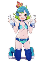Rule 34 | 1girl, ;d, bare shoulders, bikini, blue bikini, blue eyes, blue hair, blush, crown, green hair, highres, holding, kneeling, looking at viewer, multicolored hair, navel, one eye closed, open mouth, original, papico (ice cream), papiko (ice cream), shiwasu takashi, short hair, simple background, smile, solo, swimsuit, thighhighs, two-tone hair, white background, wings, wink