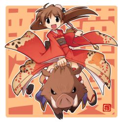 Rule 34 | 1girl, arrow (projectile), boar, brown eyes, brown hair, flower, hair ornament, japanese clothes, kimono, long hair, new year, open mouth, ponytail, sandals, smile, solo, toes, yuichirou, zouri