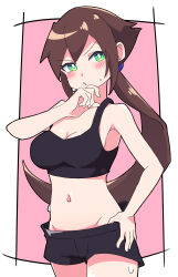 Rule 34 | 1girl, absurdres, aile (mega man zx), bare shoulders, black shorts, blush, breasts, brown hair, buzzlyears, cleavage, crop top, female focus, green eyes, highres, large breasts, long hair, mega man zx, mega man zx advent, midriff, ponytail, robot ears, shorts, tagme, underwear