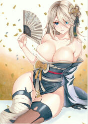 Rule 34 | 1girl, a2 (nier:automata), android, bare shoulders, black gloves, blue eyes, breasts, cleavage, gloves, hand fan, highres, japanese clothes, large breasts, long hair, looking at viewer, mole, mole under mouth, nier:automata, nier (series), solo, traditional media, white hair, yosaku vs hina