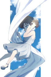 Rule 34 | 1girl, adjusting hair, alternate costume, arm up, astrayin, bare arms, bare shoulders, blue sky, brown hair, cloud, dress, foot out of frame, from side, haibara ai, hand up, highres, looking down, meitantei conan, shoes, short hair, sky, solo, watermark, white dress