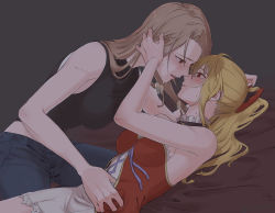 Rule 34 | 2girls, after kiss, bare arms, black bow, black shirt, blonde hair, blue pants, bow, breasts, brown hair, couple, dress, eye contact, granblue fantasy, grey background, hair bow, highres, katalina (granblue fantasy), long hair, looking at another, lying, medium breasts, midriff, miso-ha (ukyuu), multiple girls, on back, pants, red bow, red dress, red eyes, saliva, saliva trail, shirt, short dress, sideboob, simple background, sleeveless, sleeveless dress, sleeveless shirt, straight hair, two-tone bow, two-tone dress, vira (granblue fantasy), white dress, yuri