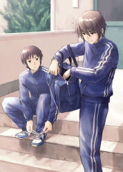 Rule 34 | 2boys, bag, blue footwear, brown eyes, brown hair, commentary request, gym uniform, highres, holding, holding bag, ishiyuki, jacket, koizumi itsuki, kyon, long sleeves, looking at another, looking down, male focus, multiple boys, outdoors, pants, revision, school bag, shoes, short hair, sitting, smile, sneakers, stairs, standing, suzumiya haruhi no yuuutsu, track jacket, track pants, track suit, tying footwear