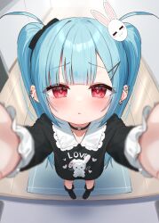 Rule 34 | 1girl, arms up, black bow, black choker, black shirt, black socks, blue hair, blurry, blurry foreground, bow, choker, collarbone, collared shirt, commentary request, depth of field, ear piercing, frilled shirt collar, frills, hair bow, hair ornament, hairclip, heart o-ring, heart ring top, highres, indoors, kanae (tsukiman), long hair, looking at viewer, o-ring, o-ring choker, original, parted lips, piercing, rabbit hair ornament, reaching, reaching towards viewer, red eyes, shirt, socks, solo, standing, tsukiman, twintails, very long hair, wooden floor
