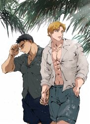 Rule 34 | 2boys, 8lsymojkn1y5bly, abs, ao isami, bara, black hair, blonde hair, collared shirt, couple, day, facial hair, highres, holding hands, large pectorals, lewis smith, male focus, multiple boys, muscular, muscular male, navel, open clothes, open shirt, pectoral cleavage, pectorals, shirt, short shorts, shorts, sideburns stubble, stubble, sunlight, sweat, thick eyebrows, yaoi, yuuki bakuhatsu bang bravern