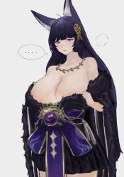 Rule 34 | ..., 1girl, animal ears, azur lane, bare shoulders, blush, breasts, cleavage, hair ornament, highres, huge breasts, jewelry, long hair, musashi (azur lane), necklace, nipple slip, nipples, purple hair, revision, simple background, solo, speech bubble, spoken ellipsis, steam, user efgz8558, very long hair, white background, yellow eyes