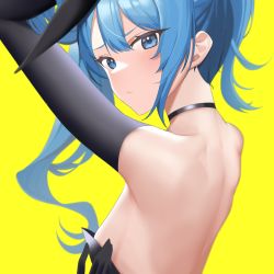 Rule 34 | 1girl, 8851 (user kpkf3322), animal ears, armpits, arms up, back, backless outfit, bare back, bare shoulders, black choker, black leotard, blue eyes, blue hair, blush, choker, closed mouth, elbow gloves, flat chest, from behind, furrowed brow, gloves, hair ribbon, highres, hololive, hoshimachi suisei, leotard, looking back, medium hair, playboy bunny, pout, rabbit ears, revision, ribbon, simple background, solo, star (symbol), star in eye, strapless, strapless leotard, symbol in eye, upper body, virtual youtuber, yellow background