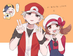Rule 34 | 1girl, 2boys, :d, arrow (symbol), bad id, bad pixiv id, baseball cap, blue overalls, bow, brown eyes, brown hair, cabbie hat, commentary request, creatures (company), ethan (pokemon), game freak, hands up, hat, hat bow, hoop, hula hoop, jacket, jewelry, long hair, lyra (pokemon), multiple boys, nintendo, open mouth, overalls, pokemon, pokemon frlg, pokemon hgss, pumpkinpan, red (pokemon), red headwear, ring, shirt, short hair, smile, teeth, tongue, trembling, twintails, upper teeth only, white headwear, wristband