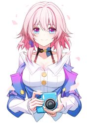 Rule 34 | 1girl, absurdres, blush, breasts, camera, choker, cleavage, closed mouth, collarbone, hair between eyes, highres, holding, holding camera, honkai: star rail, honkai (series), jacket, long sleeves, looking at viewer, march 7th (honkai: star rail), medium breasts, medium hair, multicolored eyes, pink hair, shirt, simple background, smile, solo, sora (men0105), tied jacket, upper body, white background, white shirt