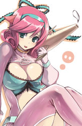 Rule 34 | 1girl, animal ears, bad id, bad pixiv id, barasoto momo, blush, breasts, cave (developer), cleavage, collar, curly hair, gloves, green eyes, gun, hair ribbon, large breasts, legs, looking at viewer, muchi muchi pork, pig ears, pig girl, pink hair, ribbon, short hair, simple background, solo, thighs, uuta (uturautouto), weapon, white background